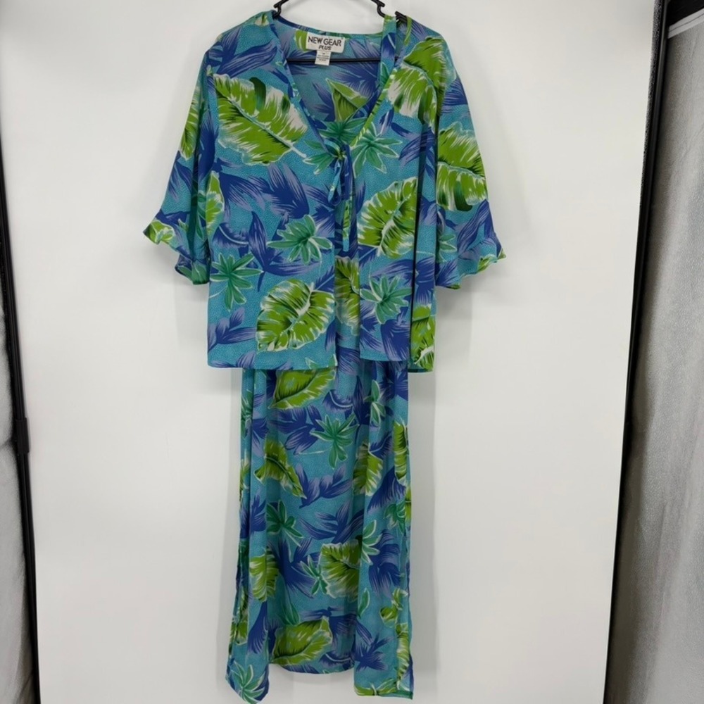 New Gear Plus Dress‎ Set Womens 1X Blue Green Tropical Leaf Maxi Jacket 2pc Set